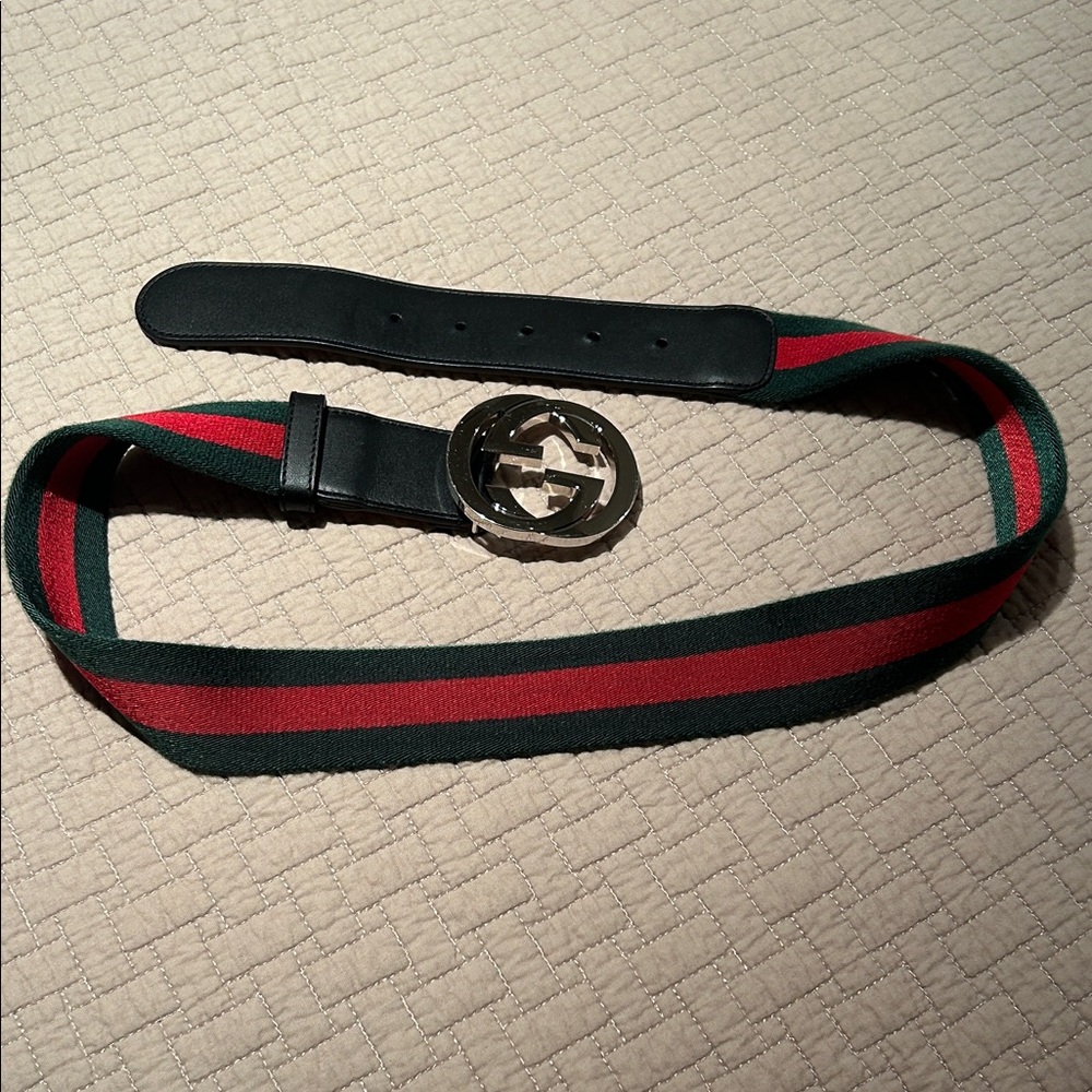 Gucci Green and Red Stripe Belt with Silver Buckle - Picture 5 of 6